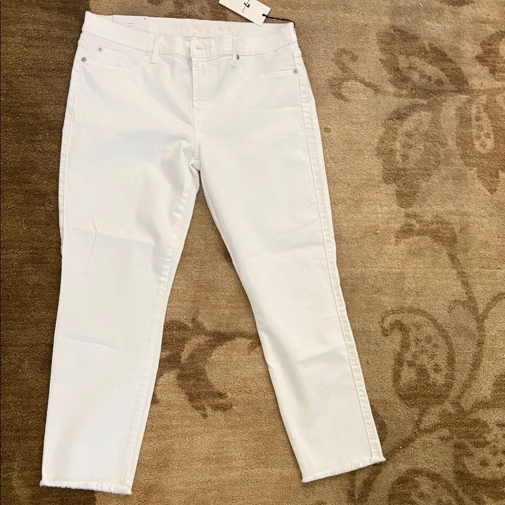 7 For All Mankind Women's Cropped White Jeans with subtle fringe